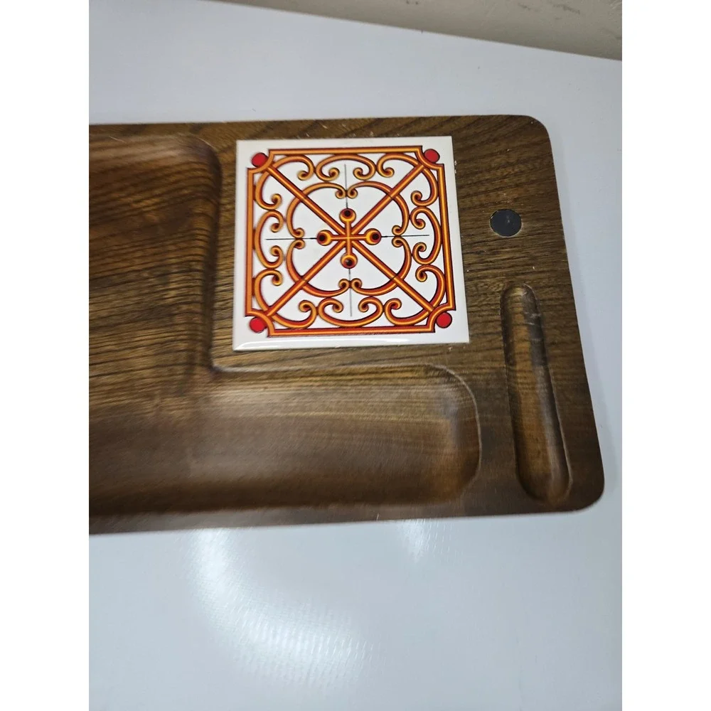 Vtg 1970s Japanese Keyaki Wood Cheese Board Charcuterie Tray Orange Scroll Tile